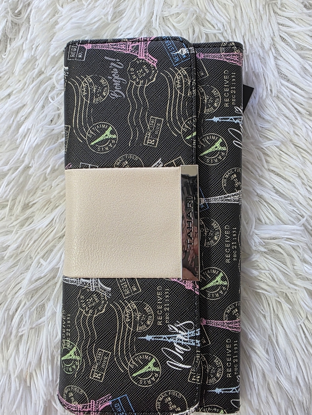 Tahari Black Paris Print Clutch with Cream Accent